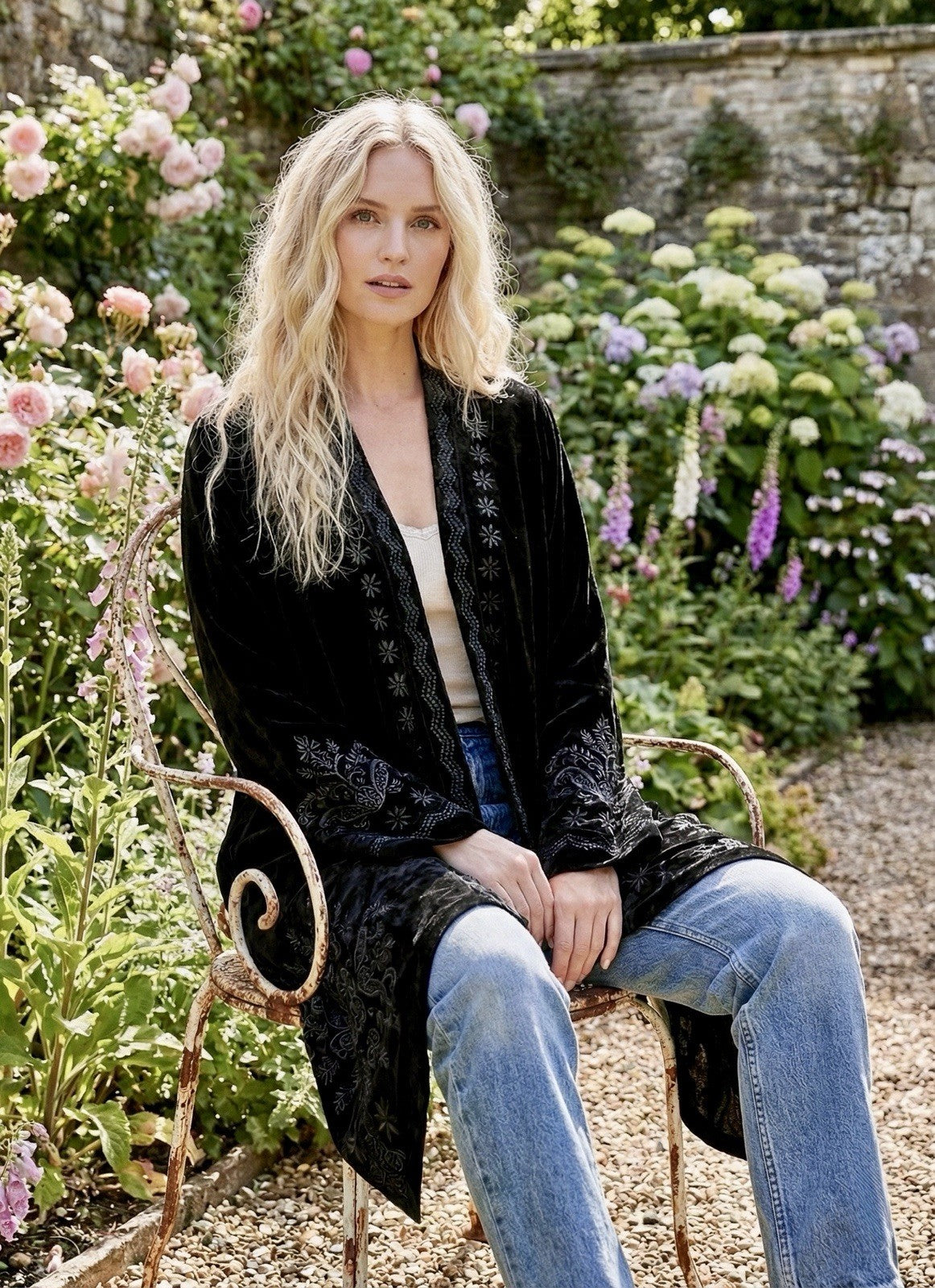 Johnny Was XL Black Velvet Kimono Wrap Cardigan Tonal Cross Embroidery Back Johnny Was