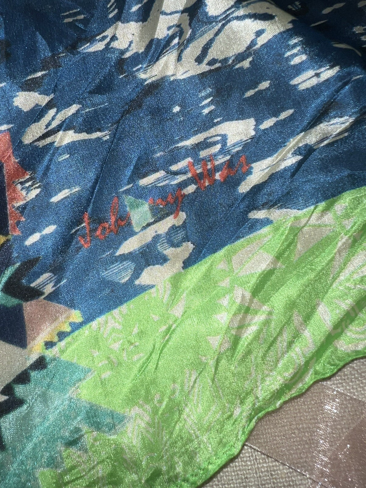 Johnny Was Silk Scarf w/ Tassels Green & Blue Beautiful Condition Johnny Was