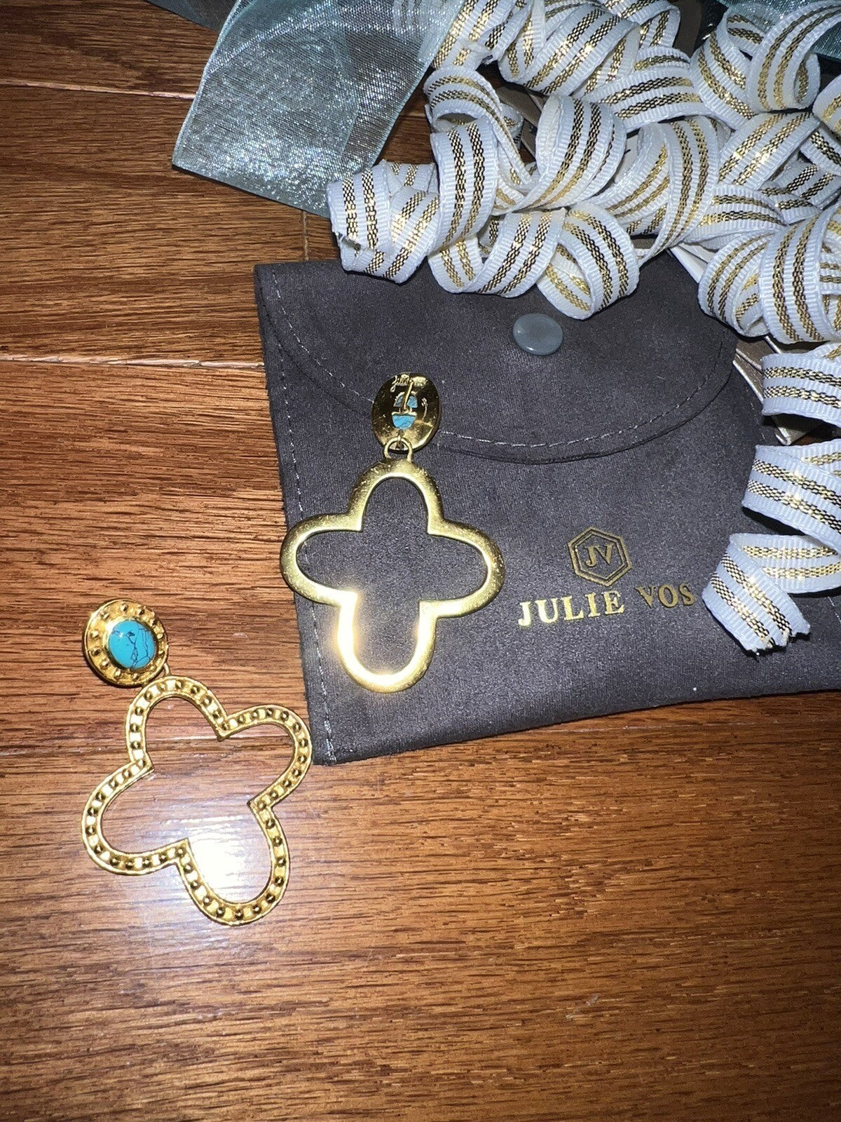 Julie Vos 24k Gold Plate & Turquoise Cross Statement Earrings WOW Julie Vos