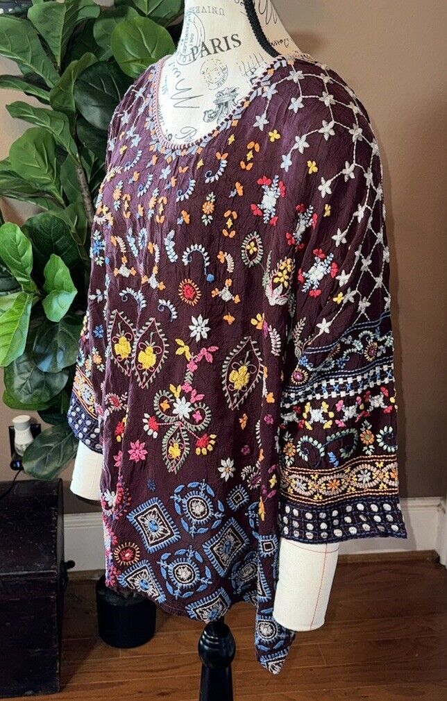 Johnny Was 3x 3XL Tunic Top Maroon Wine Silky Shirt Peasant Blouse Embroidered