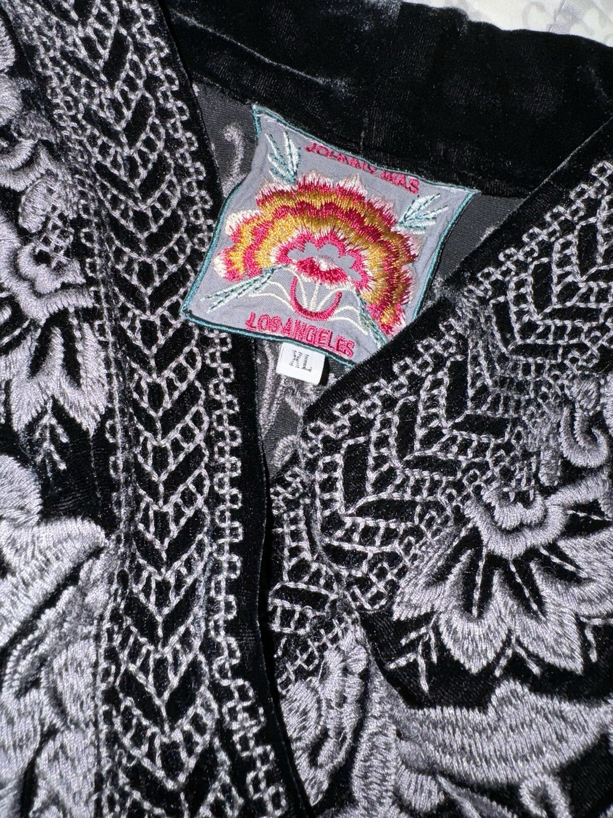 Johnny Was XL Black Velvet Kimono Duster  Cardigan Embroidery Handkerchief Hem Johnny Was
