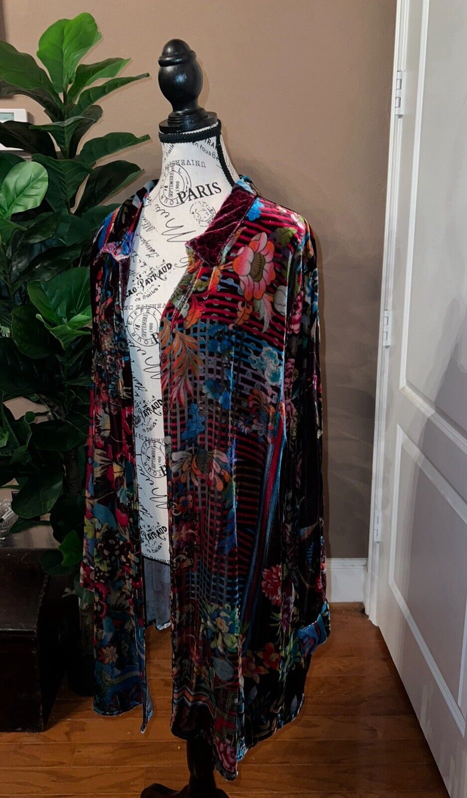 Johnny Was 1X XL Velvet Jewel Tone Kimono Long Sleeve Button Up Shirt Top Blouse