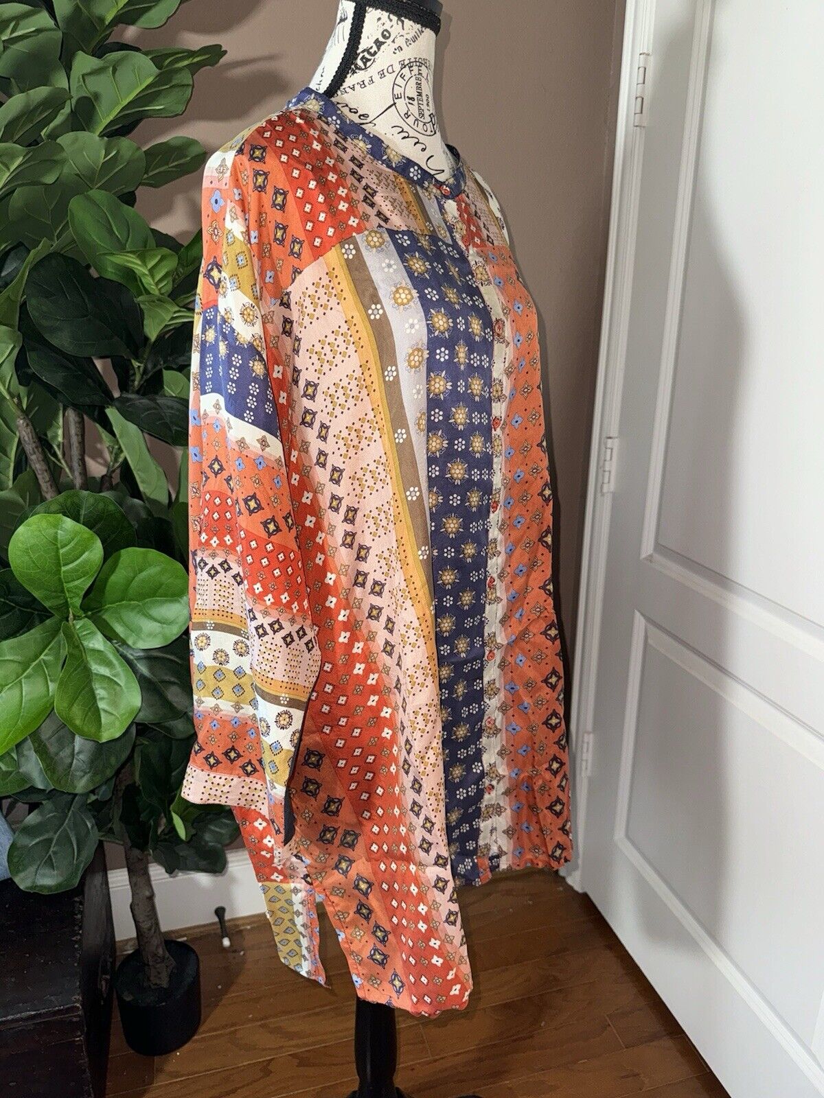 Johnny Was 3X 3XL 100% Silk Tunic Top Kimono Sleeves Button Up