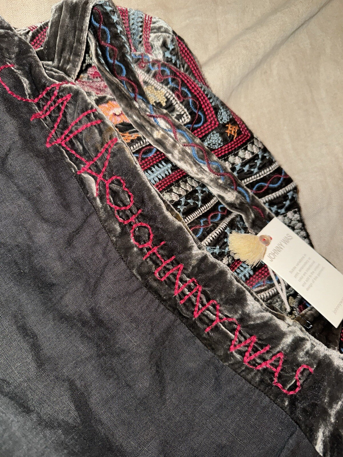 Johnny Was Large Grey Velvet Hobo Bag Tote Purse Embroidered Crossbody Johnny Was