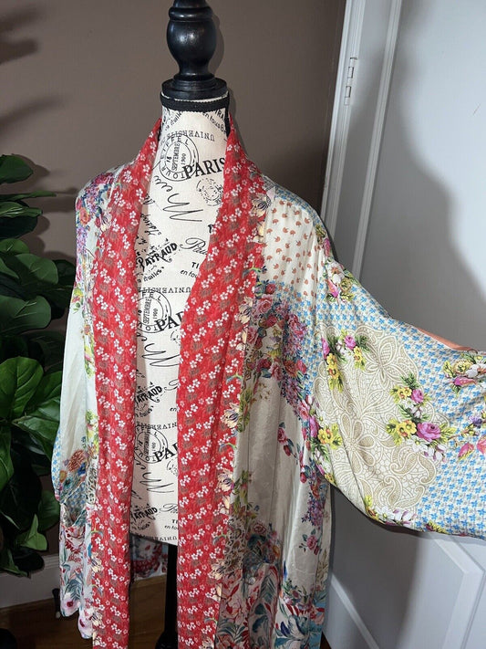 Johnny Was 100% Silk Kimono Sz XL 1X 1XL Cherry Blossoms & Flowers STUNNING BACK