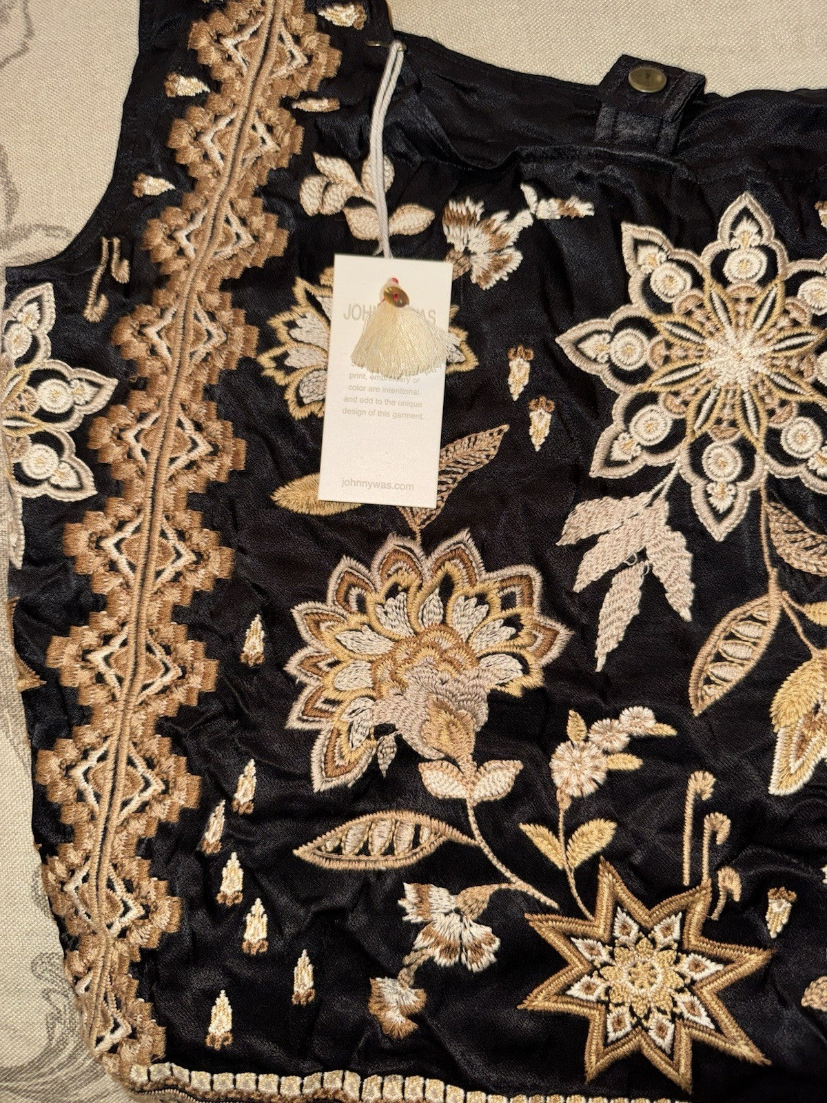 Johnny Was Large Black & Gold Satin Hobo Bag Slouch Tote Purse Embroidered Johnny Was