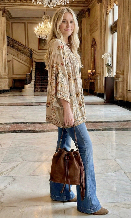 Johnny Was Brown Suede Leather Tote Bag Purse Crossbody Hobo Tassels Johnny Was