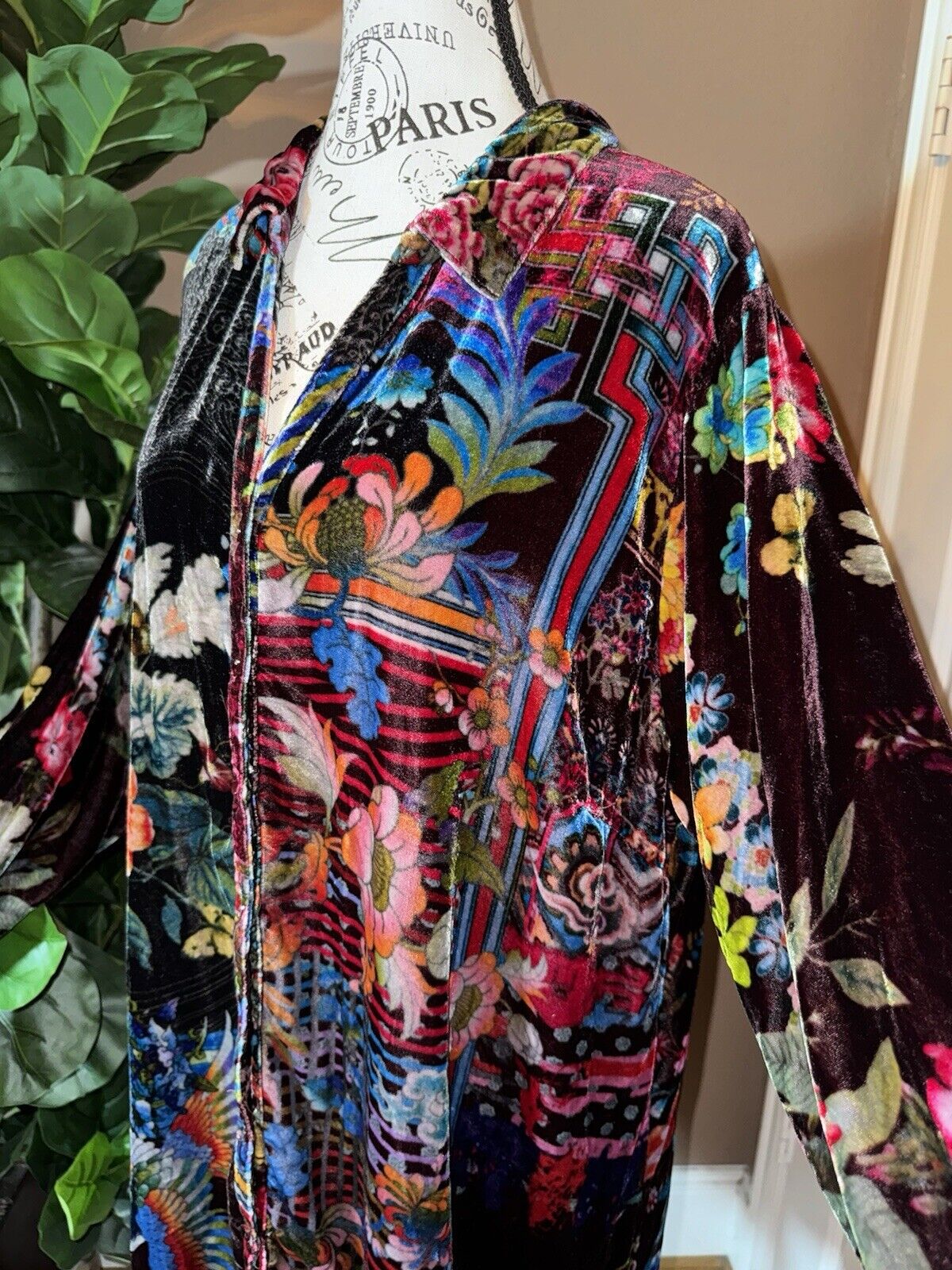 Johnny Was 1X XL Velvet Jewel Tone Kimono Long Sleeve Button Up Shirt Top Blouse