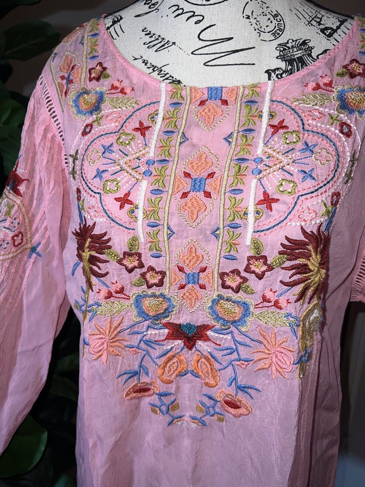 Johnny Was Silky Pink Sz L Large Tunic Top Embroidered Kimono Sleeves