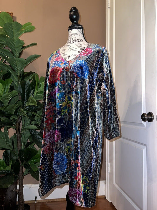 Johnny Was Floral Velvet Jewel Tones Tunic Top Mini Dress M Medium