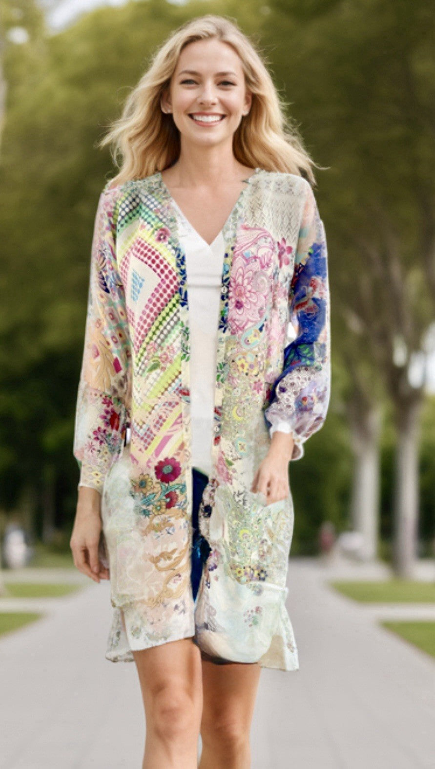 Johnny Was 3X Plus Button Up Shirt Dress Silky Tunic Kimono Patchwork Pattern Johnny Was