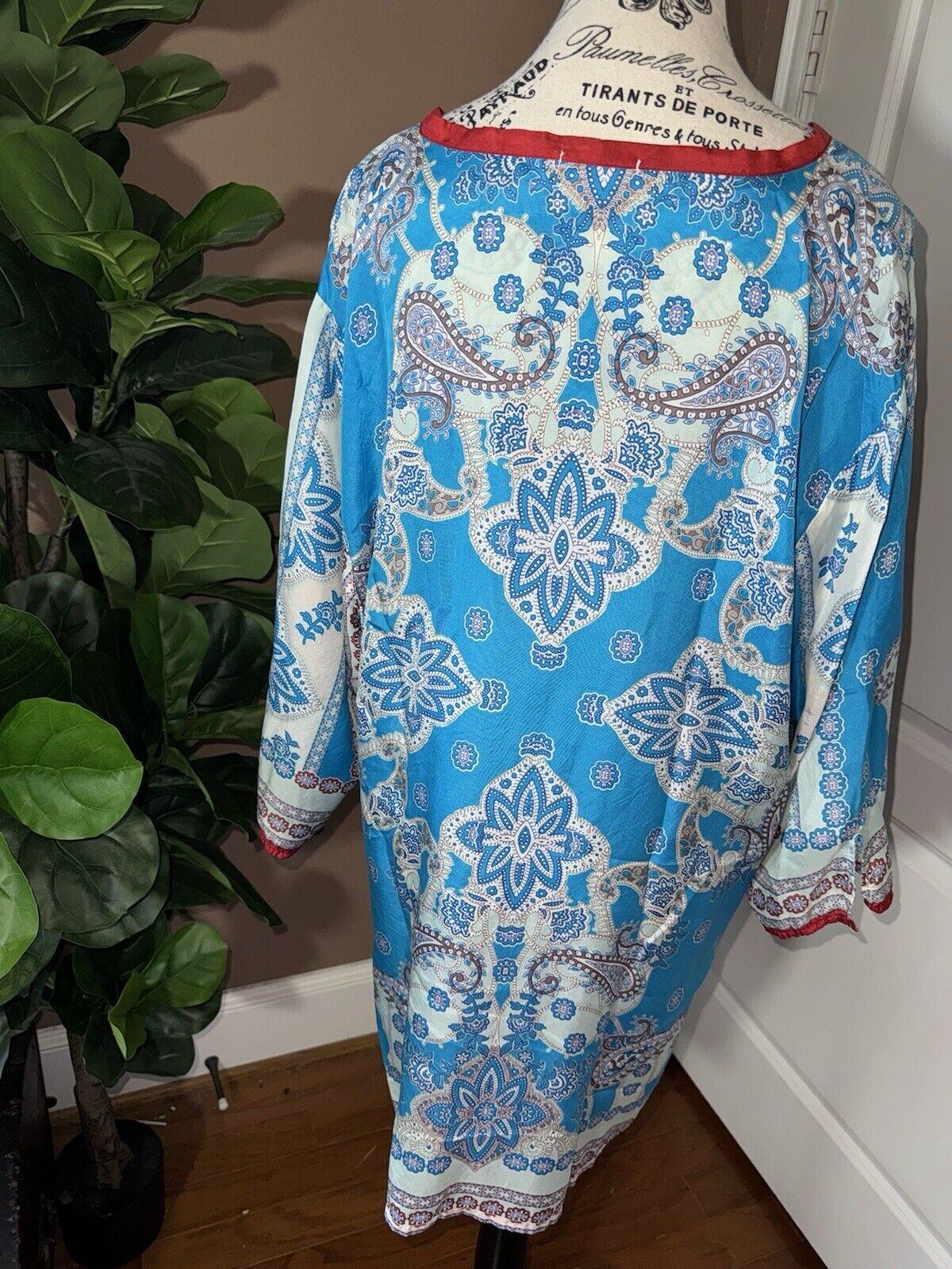 Johnny Was XXL 2X 2XL 100% Silk Long Sleeve Tunic Top Kimono Red White Blue