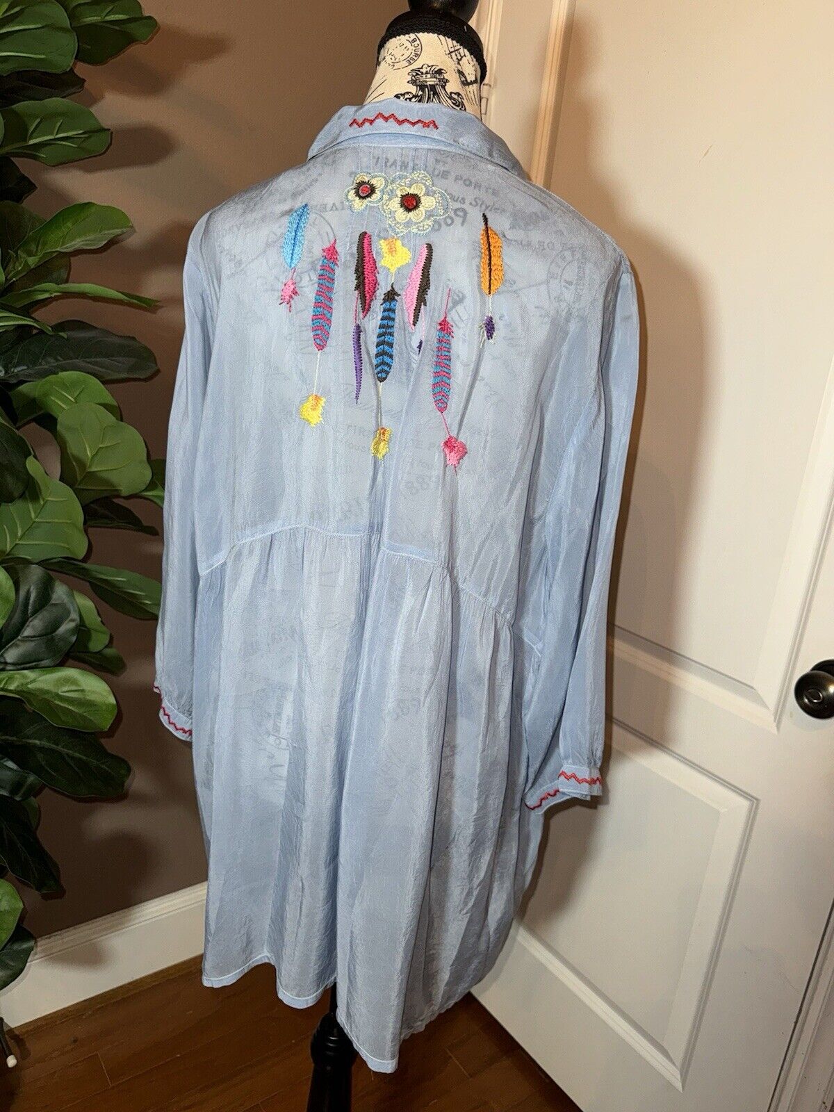 Johnny Was XL Soft Blue Babydoll Mini Dress Peplum Tunic Top Embroidered