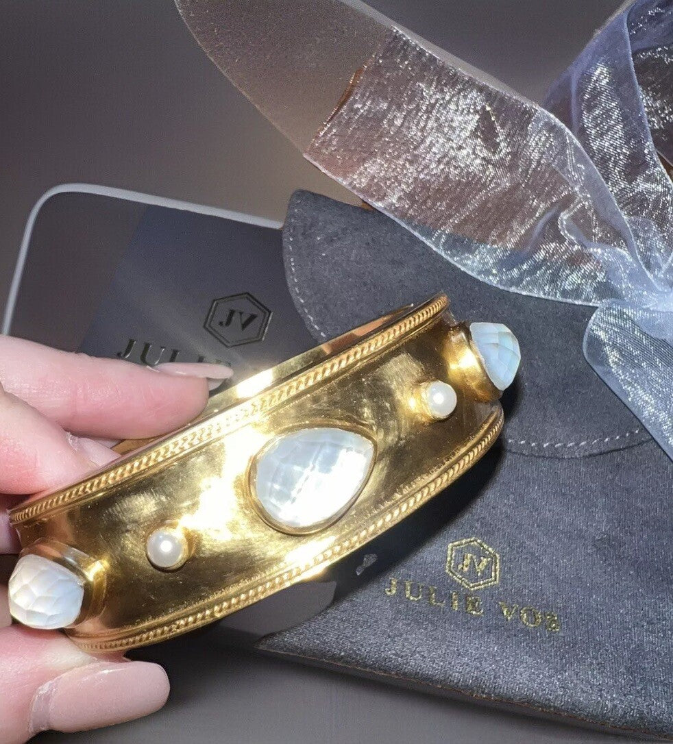 Julie Vos Large Hinged Bangle Cuff Bracelet 24k Gold Plate & Iridescent Julie Vos