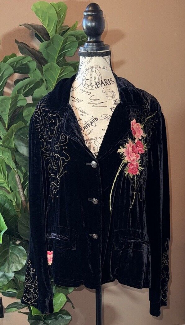 Johnny Was XL Black Velvet Jacket Coat Blazer Silk Lined Embroidered Kimono