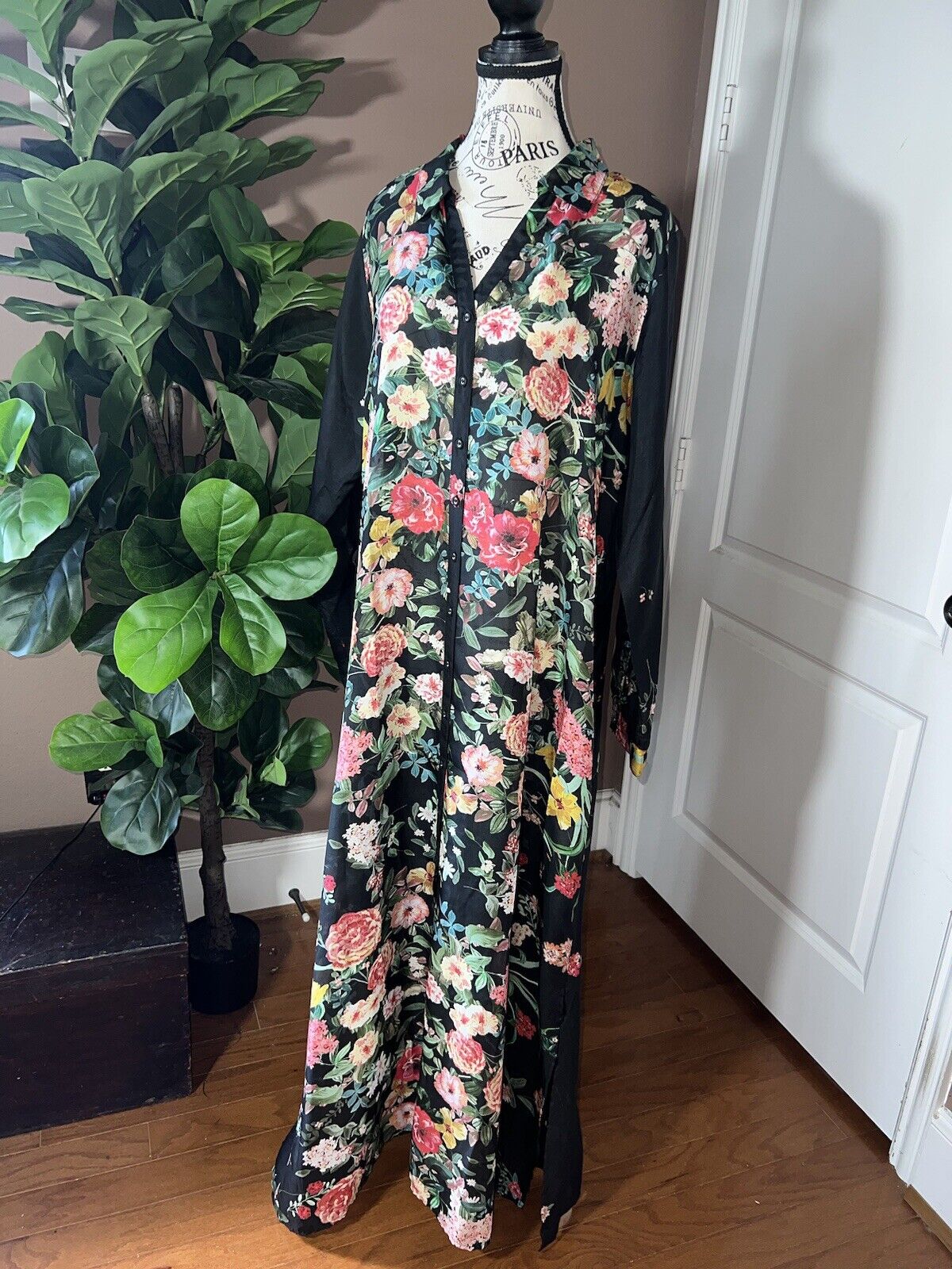 Johnny Was 100% Silk Black Sz L Large Maxi Dress Long Button Up