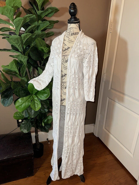 Johnny Was White Crochet Long Kimono XL 1X 1XL  Duster Cover Up Wrap