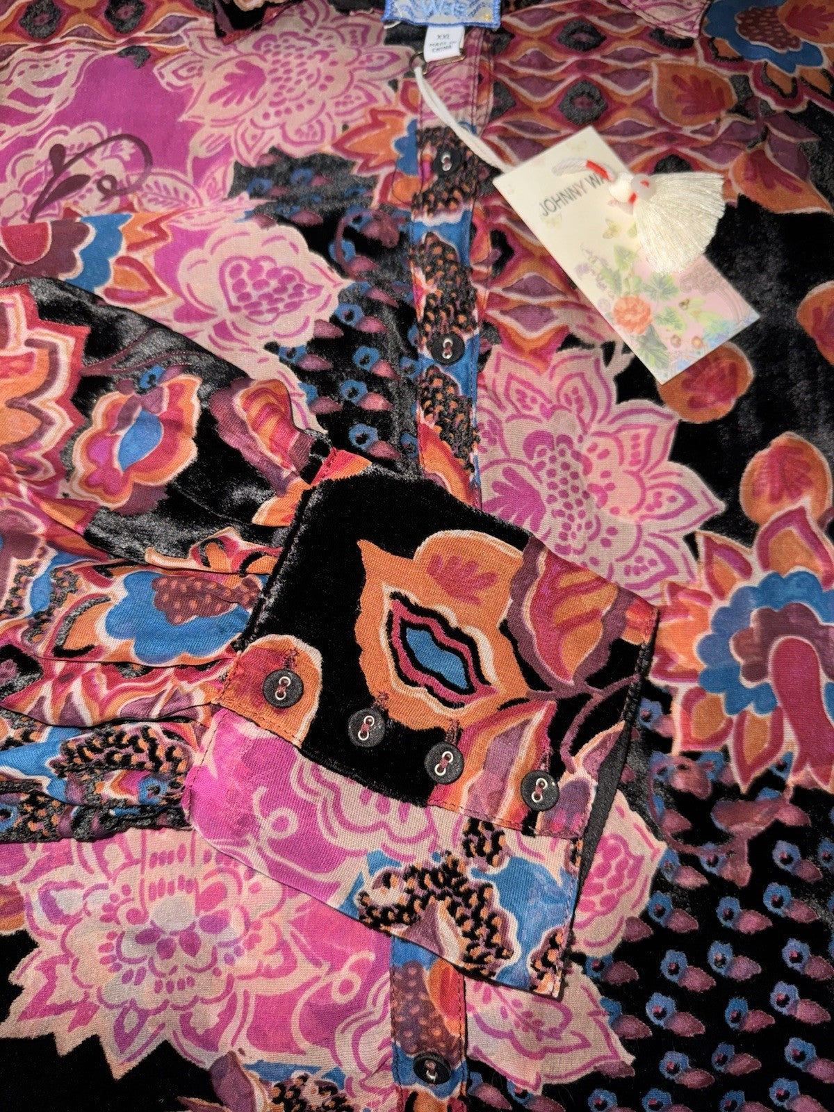 Johnny Was XXL Burnout Silk & Velvet Blouse Pink & Red Button Up Tunic Top BOHO Johnny Was