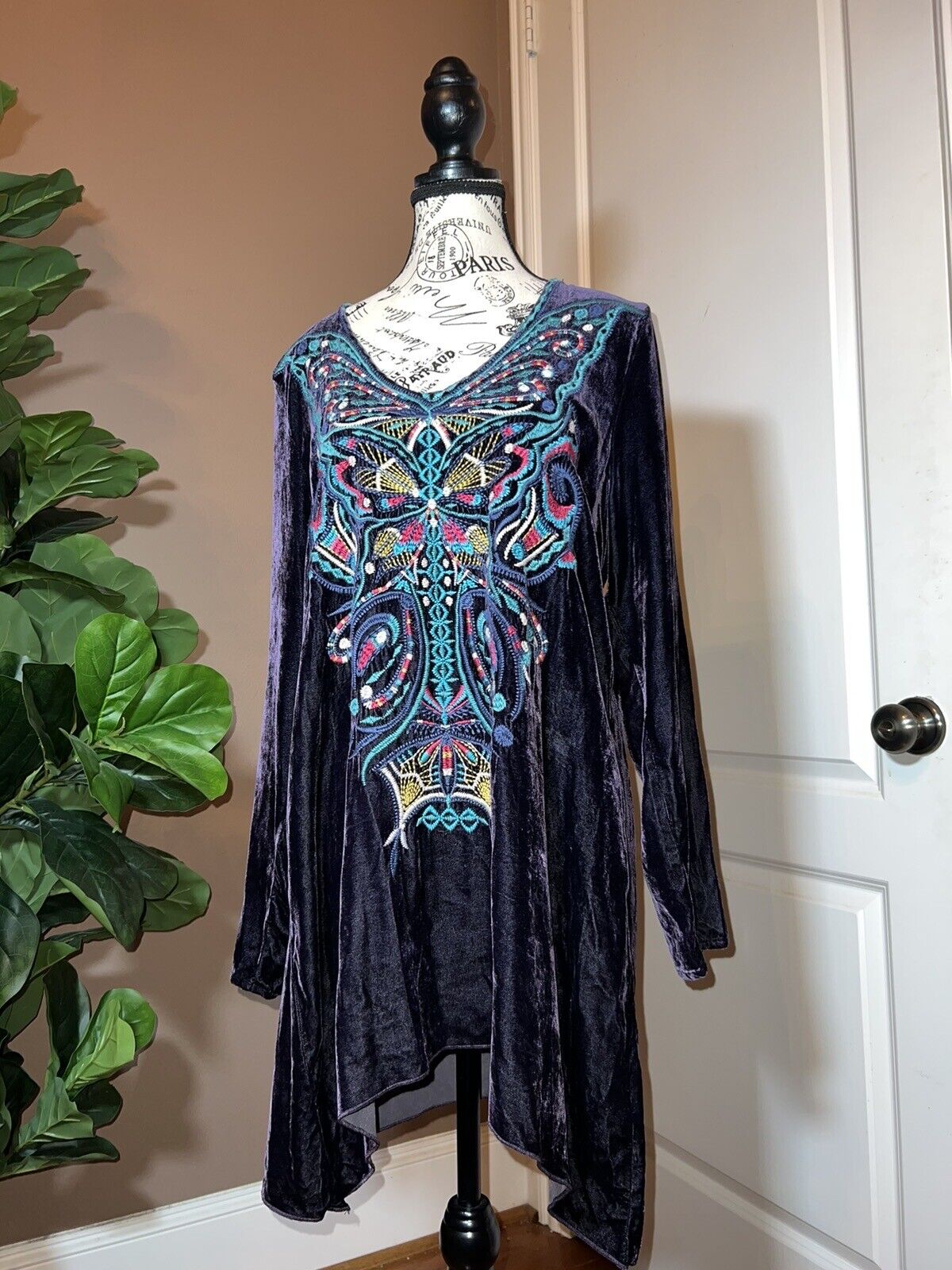 Johnny Was Midnight Purple Butterfly Velvet Embroidered Tunic Top Mini Dress M