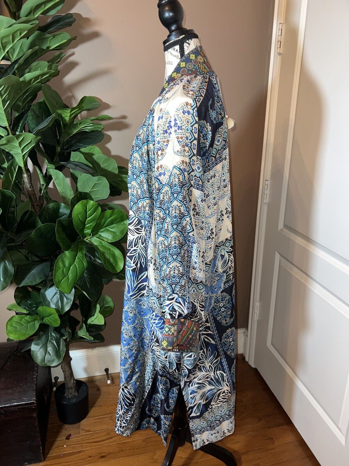 Johnny Was 100% Silk Long Kimono Wrap L Large REVERSIBLE Duster  CRANES