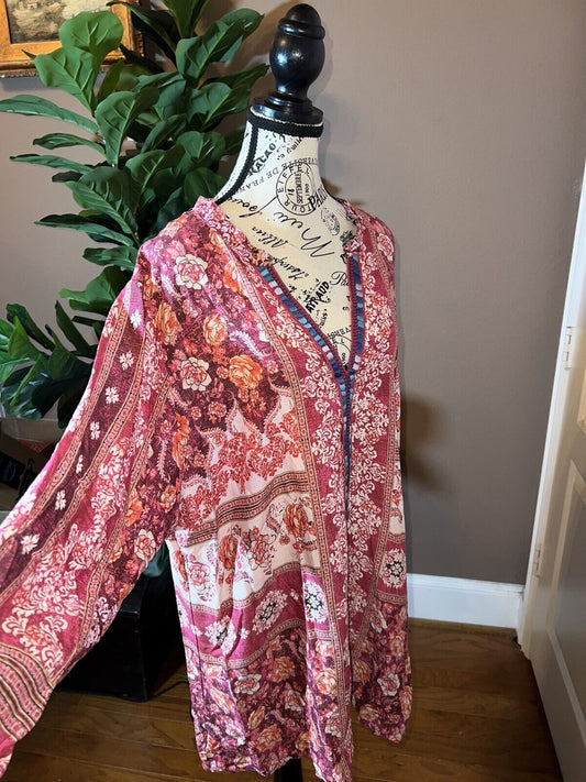 Johnny Was Beautiful Embroidered Tunic Kimono Silky Feel Gorgeous Flowers Sz XL