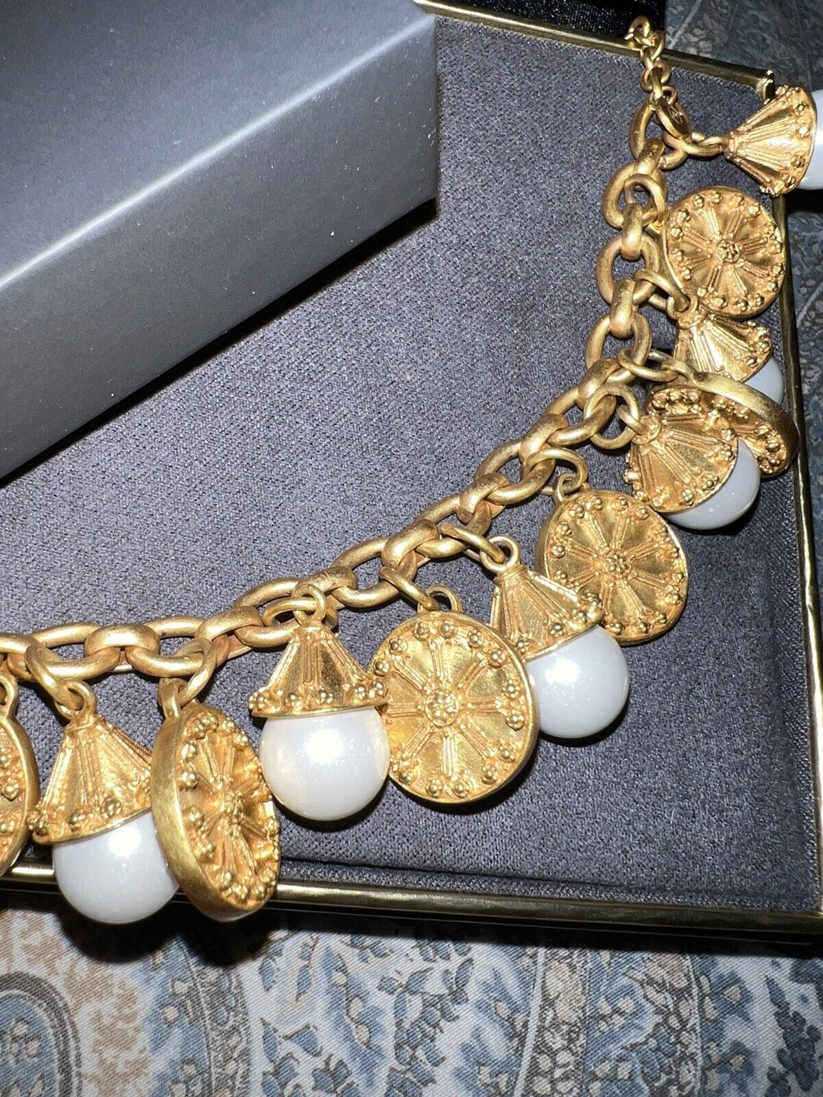 Julie Vos Pearl & Medallion Charm Link Bracelet Toggle 24k Gold Plated