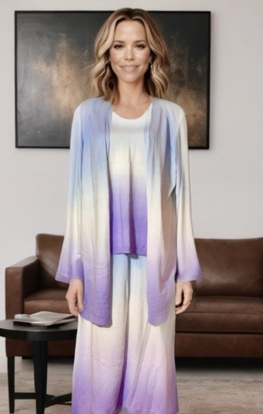 Johnny Was 3pc Set L Large Purple Whit Blue Dip Dye Kimono Tank & Wide Leg Pants Johnny Was
