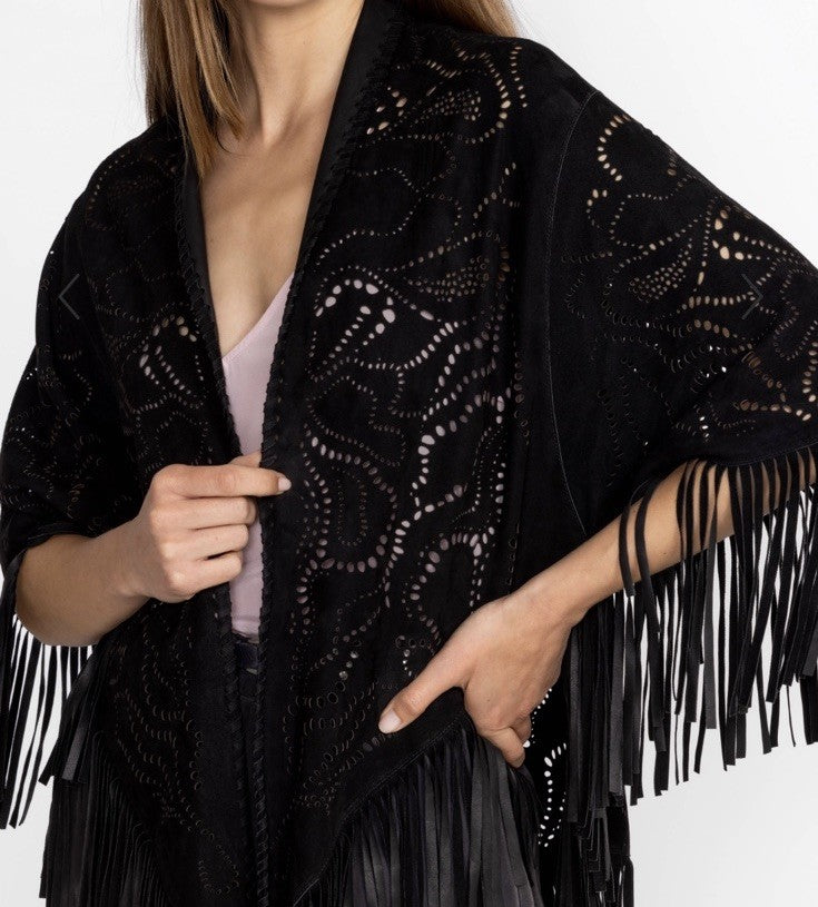 Johnny Was S/M Black Suede Leather Poncho Laser Cut Kimono Wrap $998 Retail Johnny Was