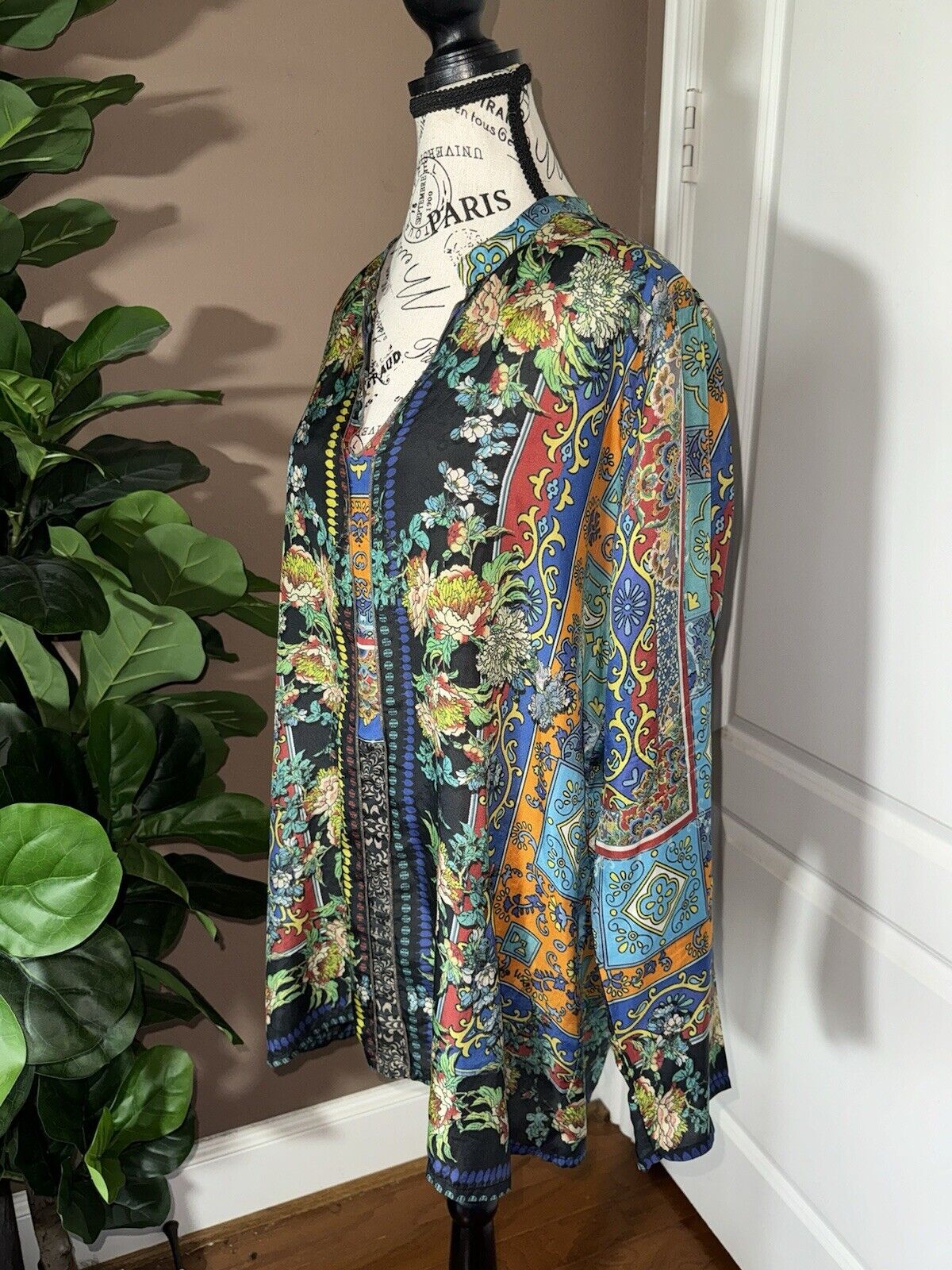 Johnny Was 100% Silk L Large Tunic Top Mini Dress Kimono Sleeves OVERSIZED