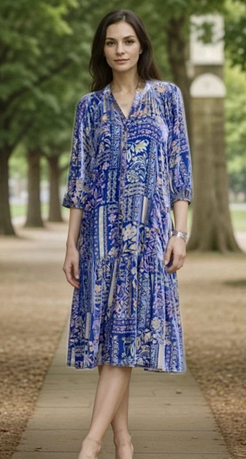 Johnny Was 3X Blue & Purple Velvet Burnout Shift MIDI Dress Lightweight Cool Johnny Was