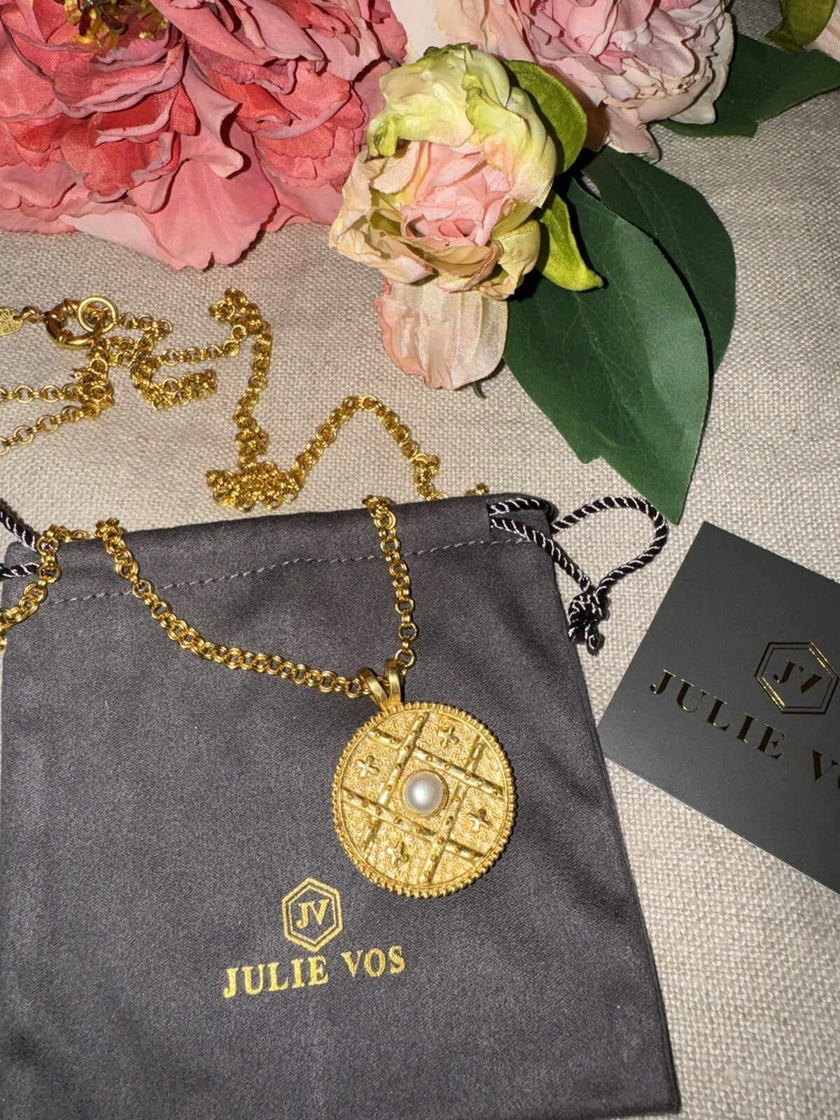 Julie Vos Coin Medallion REVERSIBLE PEARL Pendant Long Link Necklace RETIRED Julie Vos