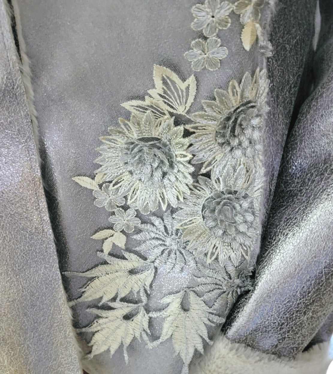 Johnny Was XL Silver Faux Suede & Fur Jacket Coat Applipue & Embroidery Johnny Was