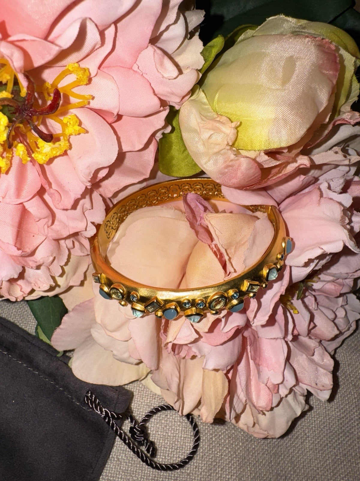 Julie Vos Hinged Bangle Bracelet Blue Iridescent Stones 24k Plated Julie Vos