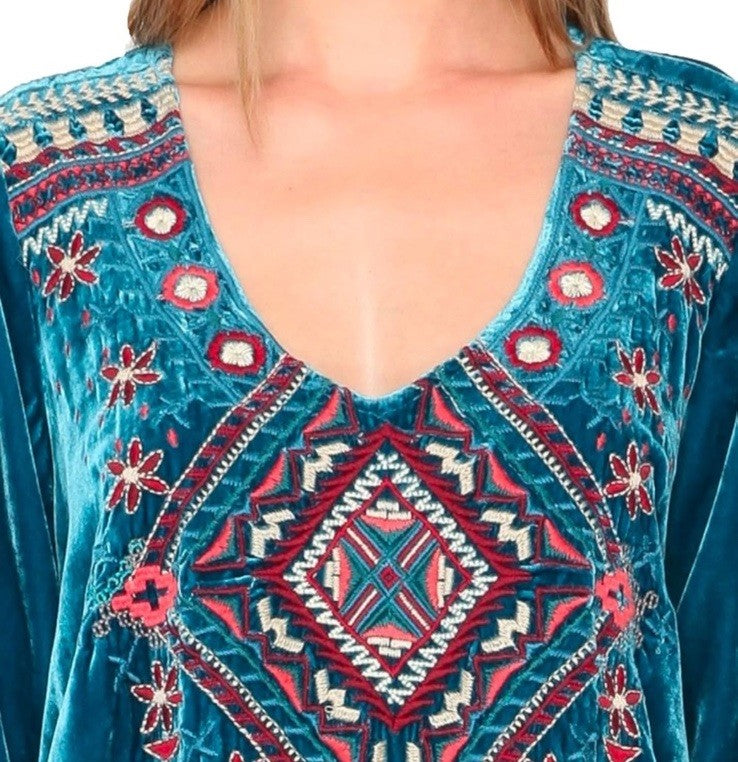 Johnny Was 1X Plus Turquoise Blue Velvet Tunic Top Long Sleeve Blouse Shirt Johnny Was