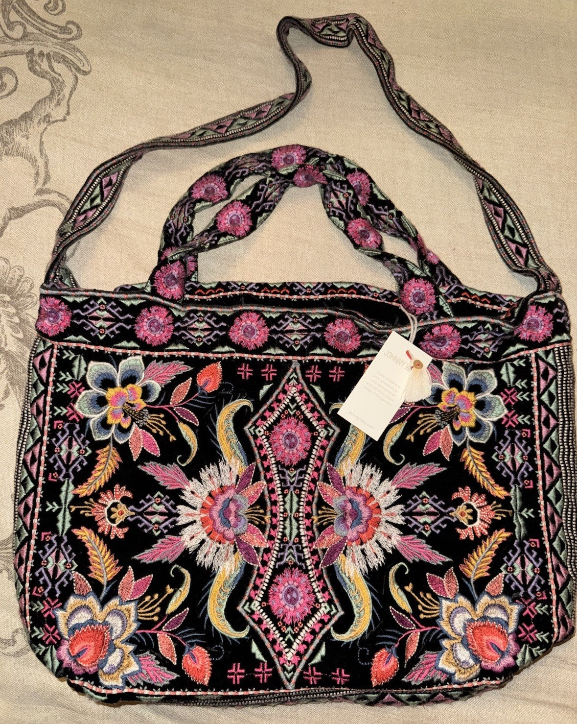 Johnny Was Large Black Velvet Hobo Bag Tote Purse Embroidered Crossbody Johnny Was