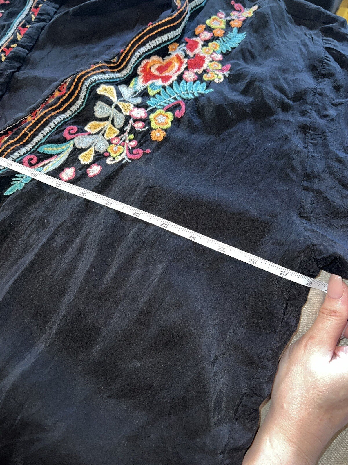 Johnny Was XXL Silky Black Long Kimono Duster Wrap Pockets Embroidered Bohemian Johnny Was