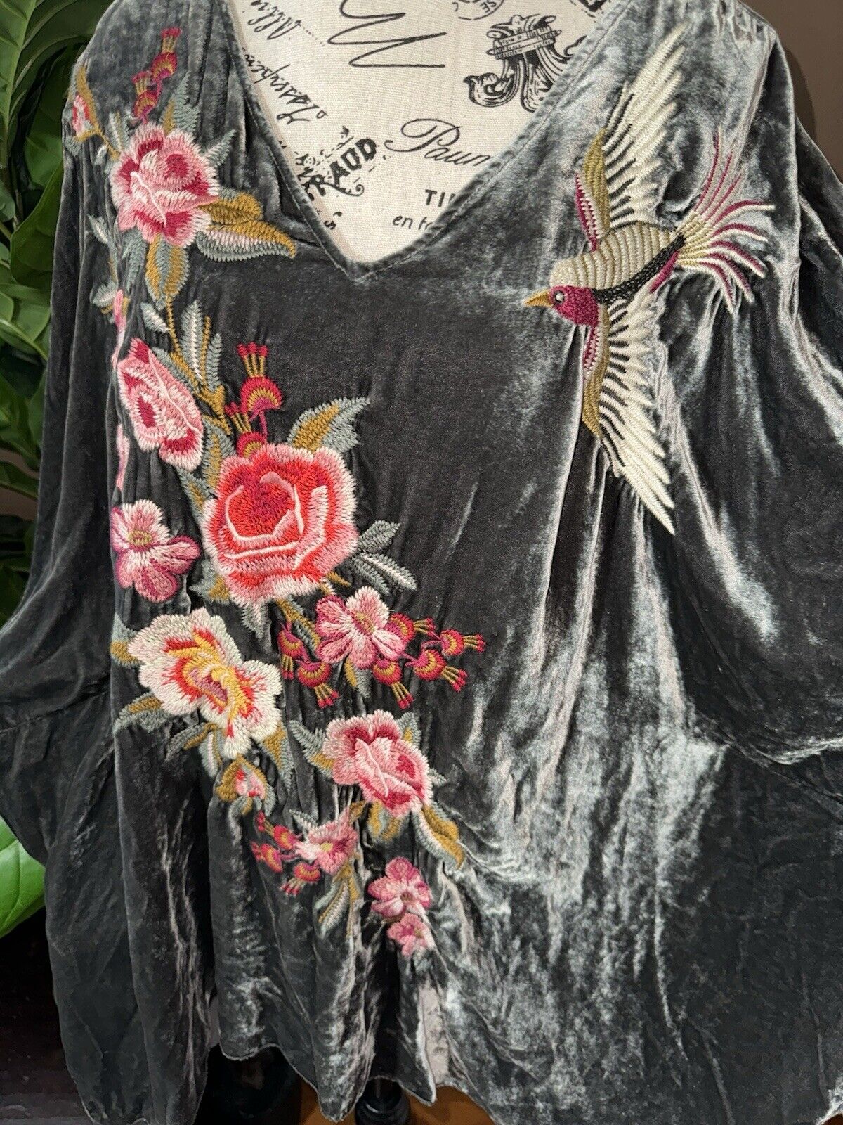 Johnny Was Sz L Large Grey Velvet Embroidered Poncho Tunic Top  Birds