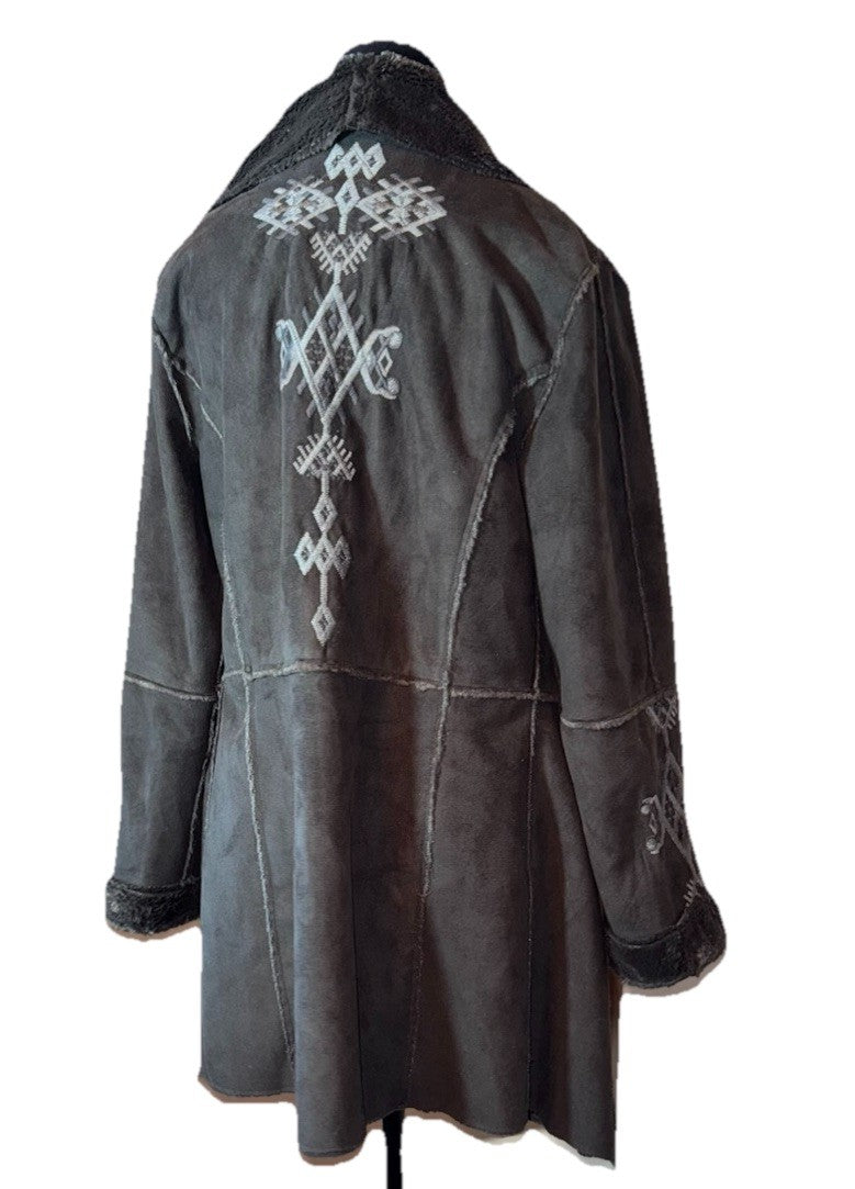 Johnny Was M Black Fuzzy Fur & Faux Suede Coat Jacket Wrap Pockets Western Johnny Was