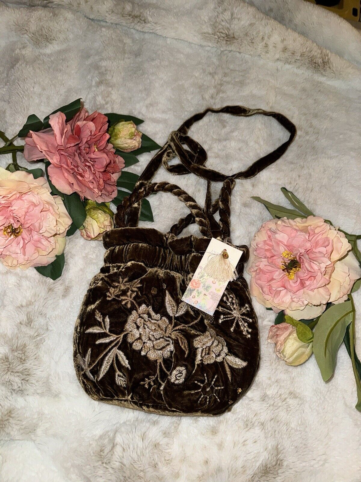 Johnny Was Gold Brown Velvet Embroidered Hobo Bucket Bag Tote Purse Crossbody