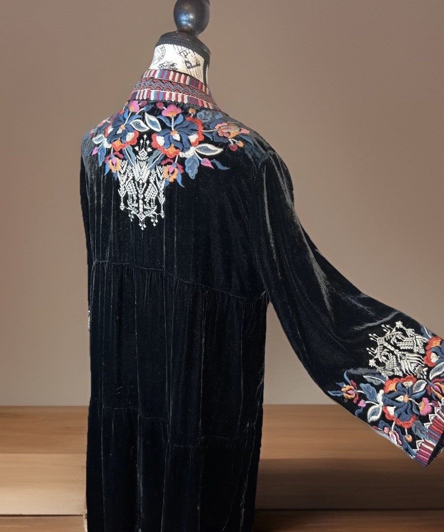 Johnny Was L Large Long Black Velvet Kimono Wrap Jacket Duster Oversized Aztec Johnny Was