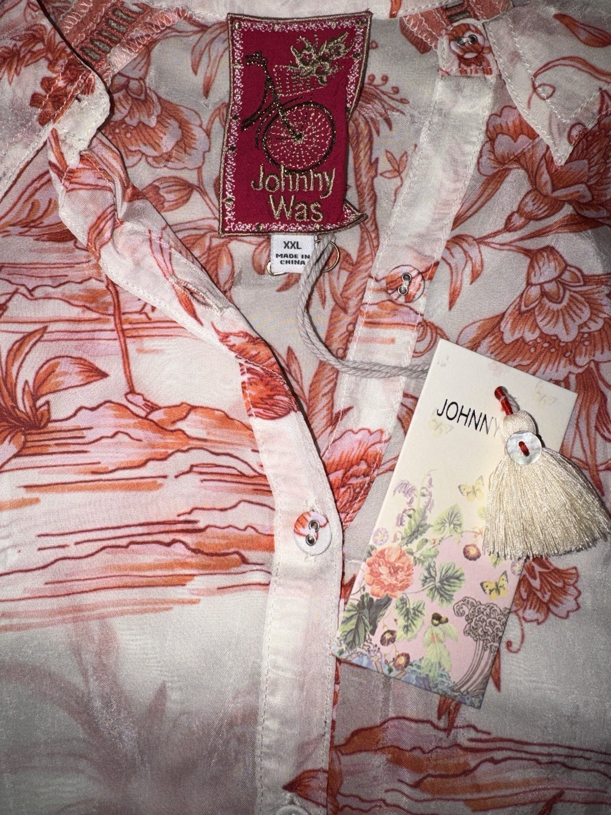 Johnny Was XXL Red & White Button Up Blouse Tunic Top Floral Shirt Boho Johnny Was