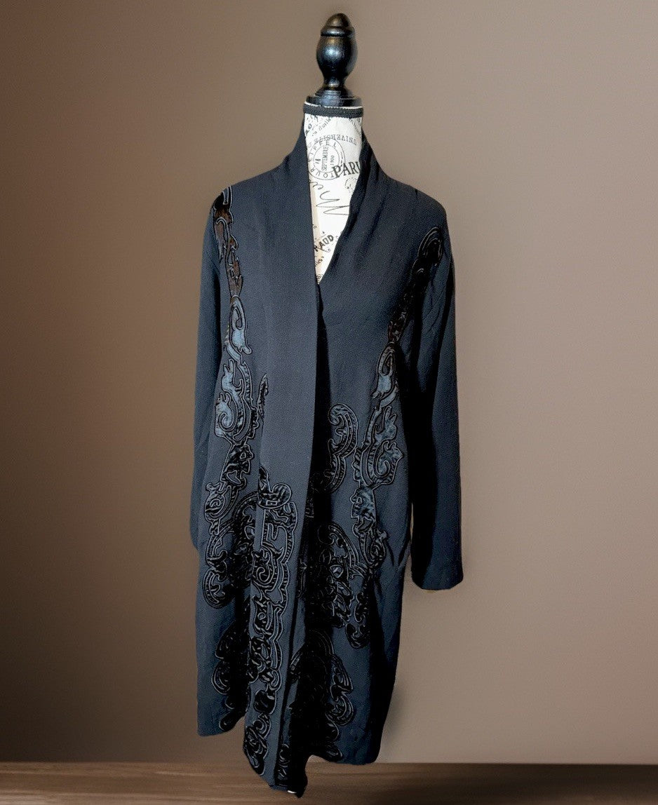 Johnny Was M Black Wool Blend Dressy Coat Silk Lining Jacket Satin Accents Johnny Was