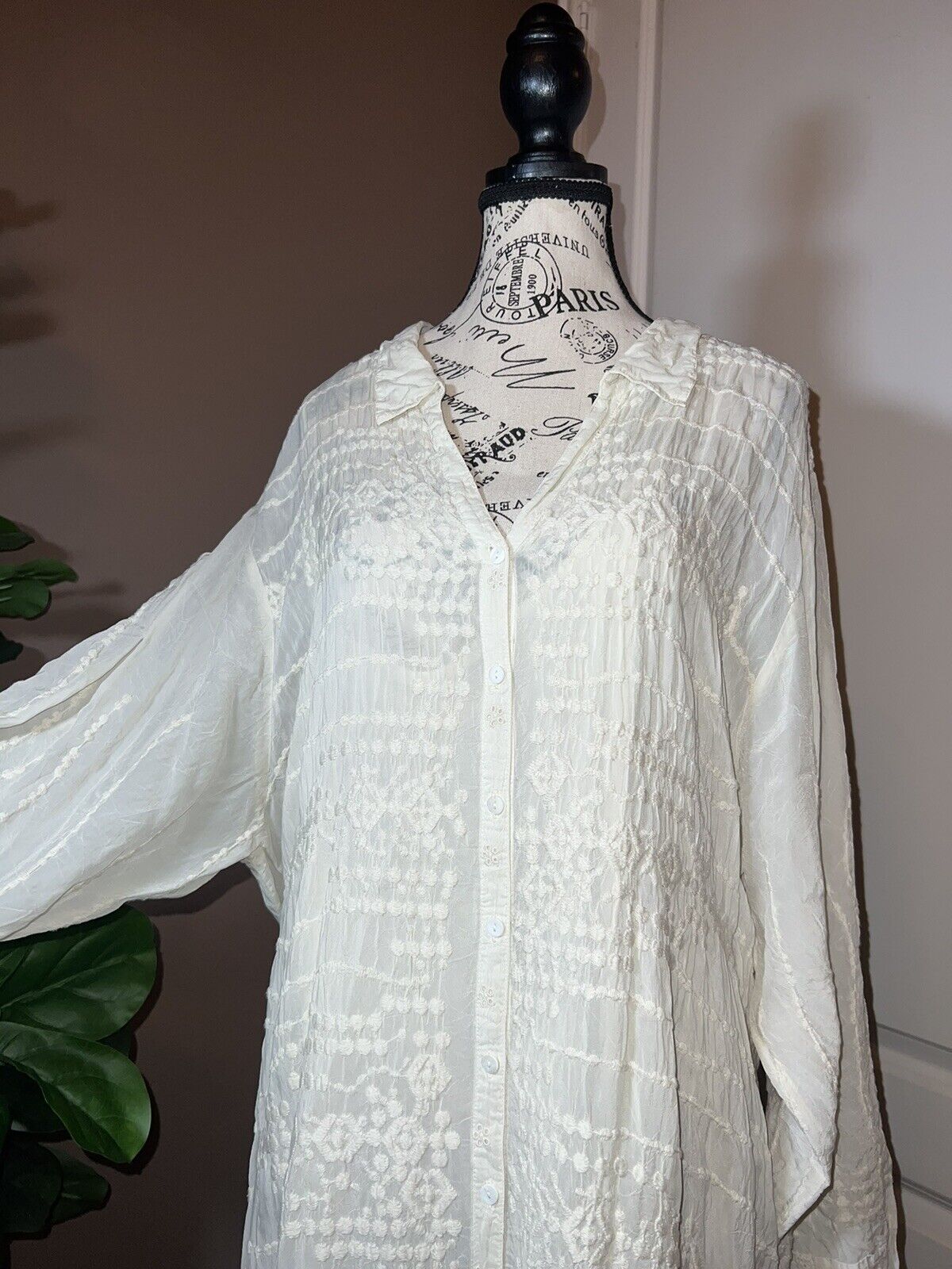 Johnny Was Ivory Silky Embroidery & Lace Kimono Dress Beach Wedding  XXL 2XL 2X