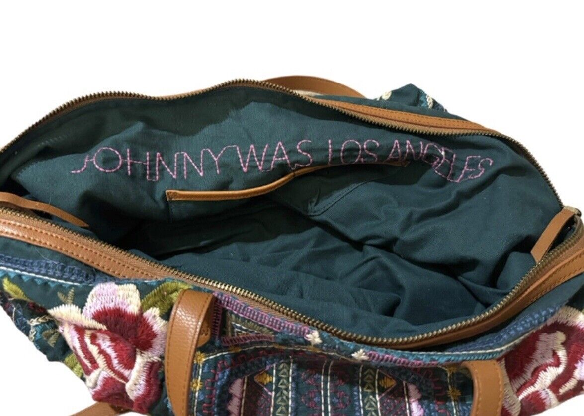 Johnny Was Embroidered Canvas & Leather Tote Travel Bag Purse Beautiful