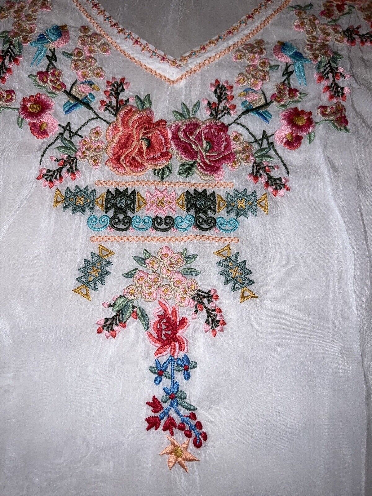 Johnny Was Silky White Embroidered Peasant Blouse Top Tunic L Large