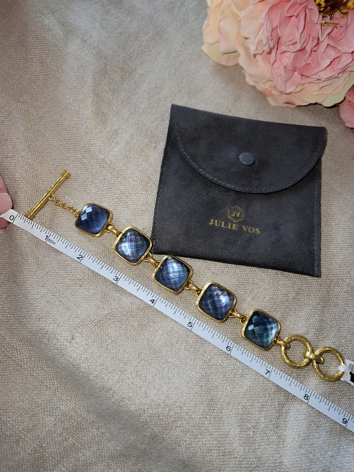 Julie Vos 8” Large Size Deep Blue 24k Plated Link Bracelet Adjustable Toggle Julie Vos