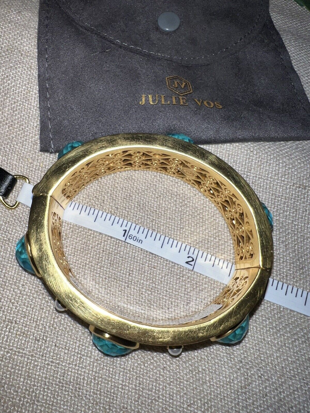 Julie Vos Large Hinged Bangle Cuff Bracelet 24k Gold Plate Bahamian Blue