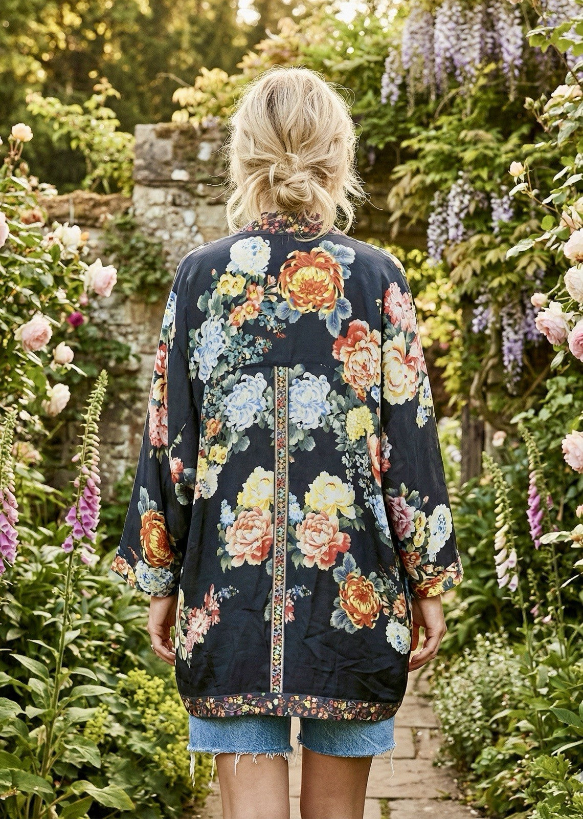 Johnny Was M Medium Silky Kimono Cardigan Duster Jacket Embroidered Trim Pockets Johnny Was