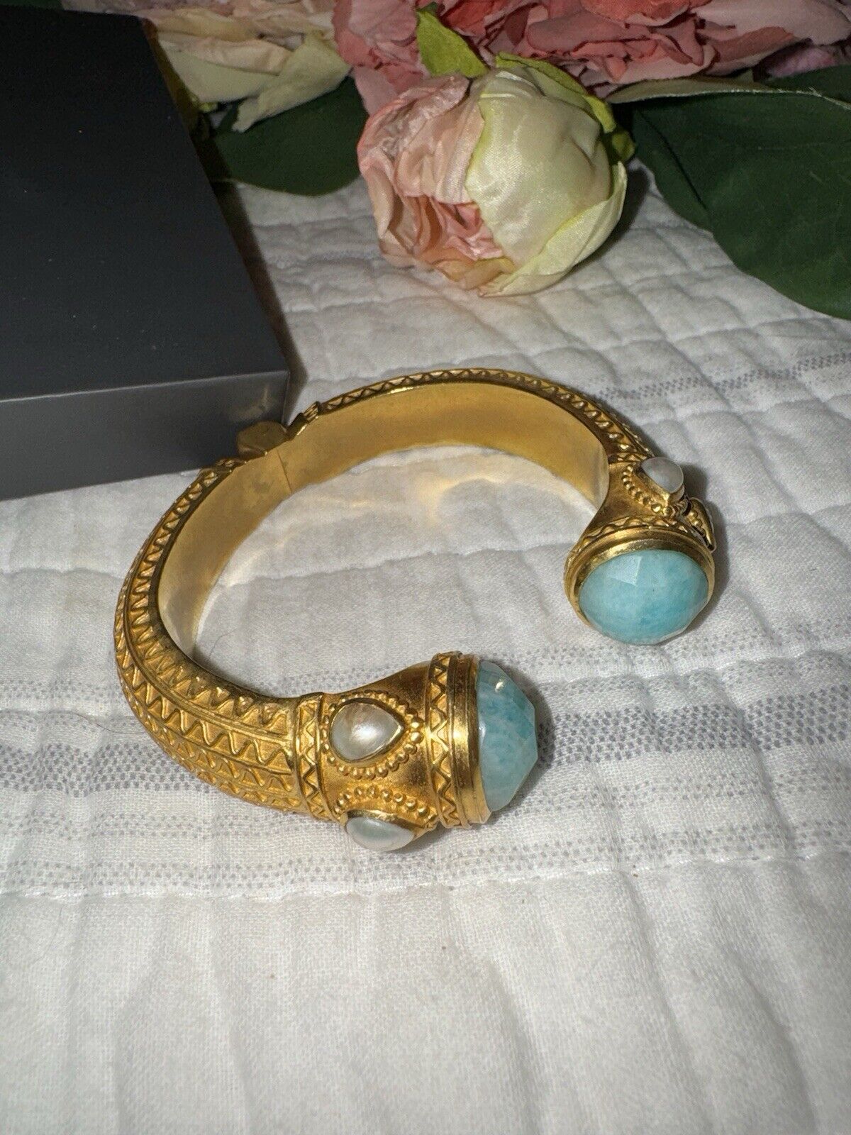 RETIRED Julie Vos Turquoise & Pearl Hinged Bangle Cuff Bracelet 24k Gold Plated