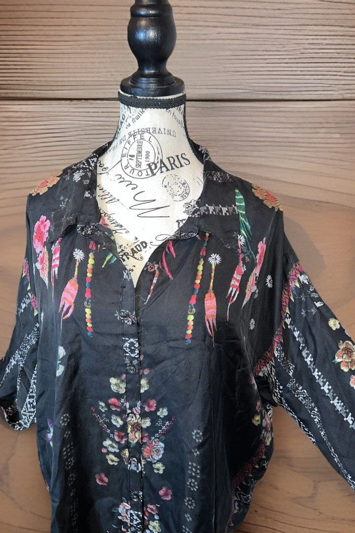 Johnny Was L 100% Silk Button Up Blouse Shirt Long Sleeve Tunic Top Lightweight Johnny Was